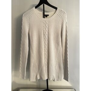 Nautica Cable Knit Sweater Sz L Ivory Cream 100% Cotton Ribbed Coastal Thick